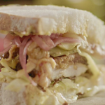 Nigella Lawson no-knead bread with crispy fried chicken sandwich, ghurkins and pink pickled onions recipe on Nigella’s Cook, Eat, Repeat