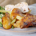 Jack Dee rotisserie style chicken with garlic potatoes and green beans recipe on Jamie and Jimmy’s Friday Night Feast