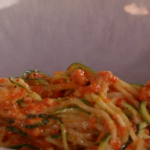 John Torode and Lisa Faulkner courgetti with roasted red peppers, pine nuts and vinegar recipe on John and Lisa’s Weekend Kitchen