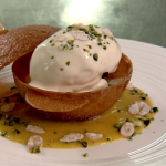 Raymond Blanc greengage nougatine with poached meringues and a sabayon cream recipe on Saturday Kitchen