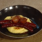 Matt Tebbutt braised beef sausages in red wine with cheese and mash potatoes (aligot ) recipe on Saturday Kitchen