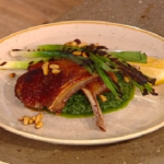 Matt Tebbutt Welsh mutton chops with grilled leeks and cavolo nero dressing on Saturday Kitchen