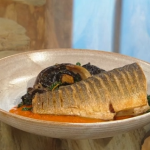 Matt Tebutt roasted sea bass with sauteed wild mushrooms, cavolo nero and a spicy red pepper sauce recipe on Saturday Kitchen