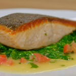 Raymond Blanc pan fried organic salmon with wilted spinach and chive butter sauce recipe on Simply Raymond Blanc