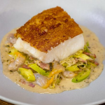 Sally Abe Cornish cod on toast with leeks, cockles and laverbread recipe on James Martin’s Saturday Morning