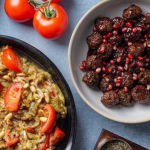 Sabrina Ghayour Pomegranate and Honey Meatballs with Aubergine, Tomato and Peanut Salad recipe on Sunday Brunch