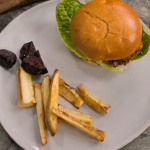 Prue Leith crispy chicken burger with rainbow fries and tomato relish recipe on Cook Clever, Waste Less with Prue and Rupy
