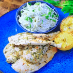 Ainsley Harriott BBQ lemon and herb chicken flatties with creamy celeriac remoulade recipe on Ainsley’s Good Mood Food