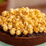 John Torode and Lisa Faulkner hazelnut brownie with chocolate sauce and toffee popcorn recipe on John and Lisa’s Weekend Kitchen