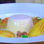 James Martin elderflower buttermilk panna cotta with gin, nuts and poached pears recipe on James Martin’s Saturday Morning