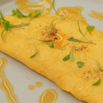 Marcus Wareing prawns, avocado and pepper omelette with prawn oil recipe on Masterchef The Professionals