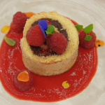 Monica Galetti chocolate creme patissiere-filled Swiss roll with raspberry sauce recipe on Masterchef The Professionals