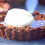 Rav Gill marbled miso caramel and chocolate ganache tartlets with cornflakes and Chantilly cream recipe on Junior Bake Off