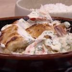 Simon Rimmer chicken and king prawns with a cream tarragon sauce recipe on Steph’s Packed Lunch