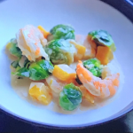 Rex’s Brussels sprout ginataan with prawns, pumpkin and coconut milk on The Great Cookbook Challenge