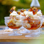 Marcus Wareing Eton mess with grilled peaches, tea syrup, cobnut brittle and lavender flowers recipe on Tales from a Kitchen Garden