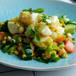 Simon Rimmer rather nice dish dish with haddock, corn and cucumber salad recipe on Sunday Brunch