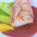 Michael Caines pan-fried turbot with roasted leeks, red wine sauce and parsley oil recipe on Simply Raymond Blanc