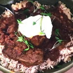 Simon Rimmer beef mavrou with brown basmati rice and yoghurt recipe on Sunday Brunch