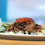 Niamh Shields overnight spiced shoulder of lamb with rice and a tomato and wild garlic sauce on Sunday Brunch