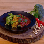 Freddy Forster stir fried pork with a spicy tomato sauce, broccoli and rice (saucy pork with fragrant rice)recipe on Steph’s Packed Lunch