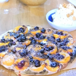 Ainsley Harriott apricot and blueberry pizza with amaretto cream recipe on Ainsley’s Good Mood Food