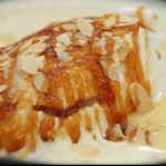 John Torode floating islands in creme anglaise with meringue and toasted almonds on Celebrity Masterchef