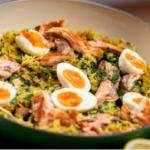 John Torode hot smoked salmon kedgeree with spicy rice and soft boiled eggs recipe on John and Lisa’s Weekend Kitchen
