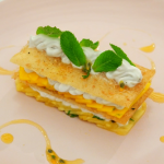 Anna Haugh filo pastry mille feuille with tropical fruit and piped coconut on Masterchef: The Professionals