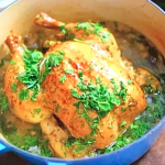 John Torode and Lisa Faulkner chicken stew (Poule Au Pot with a ‘Cacio e Pepe’ Butter Beans) recipe on John and Lisa’s Weekend Kitchen