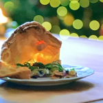 Jamie Oliver giant Yorkshire pudding with brie, roasted grapes, spring onions and tarragon recipe on Jamie’s Easy Christmas