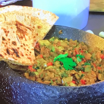 Romy Gill Roasted Aubergine and Red Lentil Dal with Spinach and Chapati recipe on James Martin’s Saturday Morning