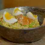 Si and Dave’s Kedgeree with smoked salmon and a cucumber, dill and mustard sauce recipe on The Hairy Bikers Go Local