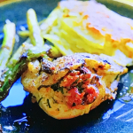 Ainsley Harriott Manchego and Chorizo Stuffed Chicken with Roasted Asparagus and Cheesy Potato Gratin recipe