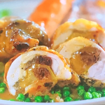 Jamie Oliver time-saving chicken roast with stuffing, potatoes, sweetheart cabbage, peas and gravy recipe on Jamie’s £1 Wonders