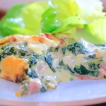 Jamie Oliver cheesy pancake stack with smoked ham, spinach sauce and lettuce recipe on Jamie’s One Pound Wonders