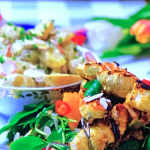 Ainsley Harriott Coronation Kebabs served with Spiced Jersey Royals and Mango Salad recipe