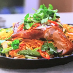 John Torode and Lisa Faulkner roast miso salmon with noodles and kimchi recipe on John and Lisa’s Weekend Kitchen