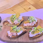Lesley Waters Wild Salmon Bruschetta with Orange and Dill Relish recipe on Steph’s Packed Lunch