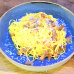 James Martin spaghetti carbonara with pancetta and pecorino cheese recipe on James Martin’s Saturday Morning