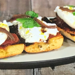 Simon Rimmer burrata and anchovy toasts with burnt tomato chutney recipe Sunday Brunch