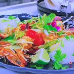 John Torode and Lisa Faulkner seafood skewers with rice and a ginger and spring onion salad recipe on John and Lisa’s Weekend Kitchen