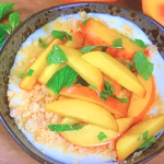 Jason Atherton  coconut panna cotta with orange crumble and a peach and mint salad on Jason Atherton’s Dubai Dishes