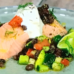 Simon Rimmer poached salmon with sweet potato rosti and salsa recipe on Sunday Brunch