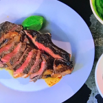 Paul Foster BBQ beef with green herb ketchup and charred broccoli with cheese recipe