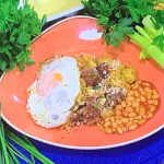 John Whaite corned beef hash with beans and fried egg recipe on Steph’s Packed Lunch