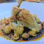 Michael Caines pan roasted chicken with lentils in red wine sauce, button glazed onions and mushrooms recipe