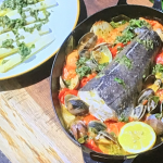 James Martin roasted hake with tomatoes, clams, white asparagus and salsa verde recipe
