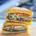 Jamie Oliver sausage sandwich with brioche bun, manchego cheese, peppers and olive tapenade recipe on Jamie’s 5 Ingredients Meals