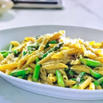 Jamie Oliver asparagus carbonara with smoked bacon and Parmesan cheese recipe on Jamie’s 5 Ingredients Meals